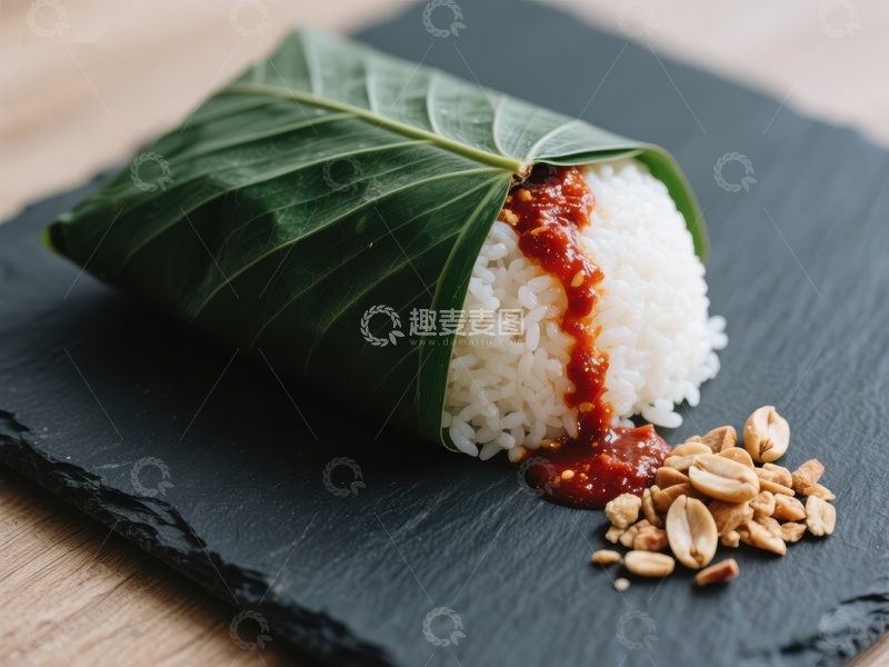 高清大图下载【趣麦麦图】绿叶包裹米饭配花生与辣椒酱