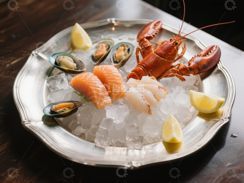 高清大图下载【趣麦麦图】海鲜拼盘：龙虾、三文鱼和贝类