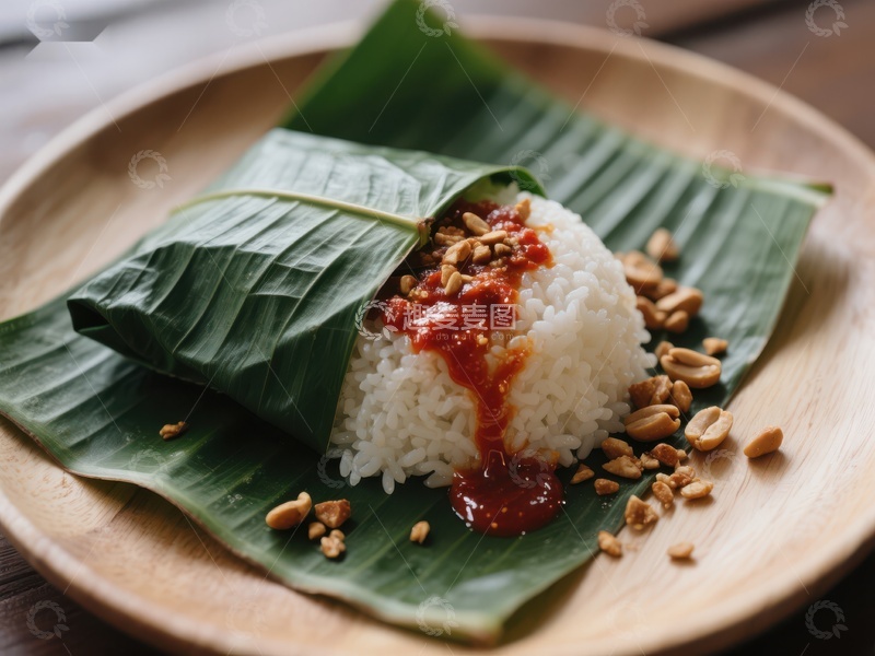 高清大图下载【趣麦麦图】蕉叶包裹的米饭配花生与辣椒酱