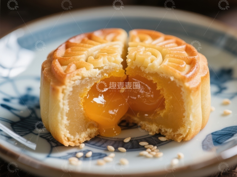 高清大图下载【趣麦麦图】金黄月饼切开露出流心馅料