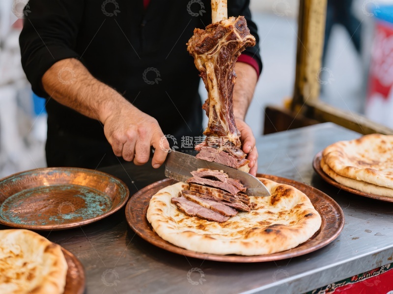 高清大图下载【趣麦麦图】街头美食：烤肉切片配薄饼
