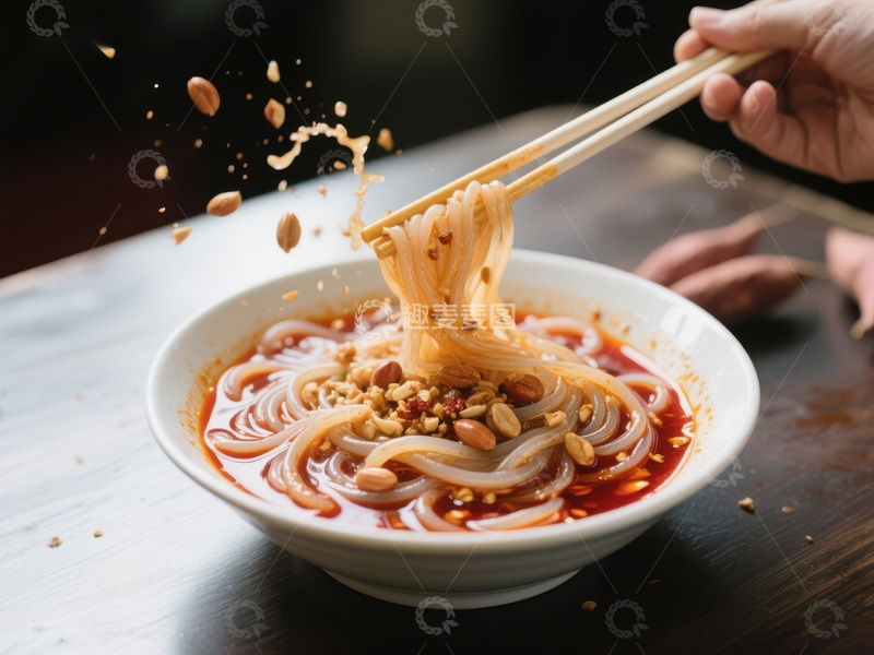 高清大图下载【趣麦麦图】筷子夹起热辣红油米线