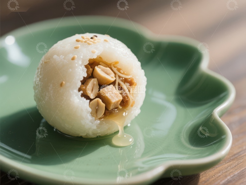 高清大图下载【趣麦麦图】糯米团子配花生酱，置于绿盘之上