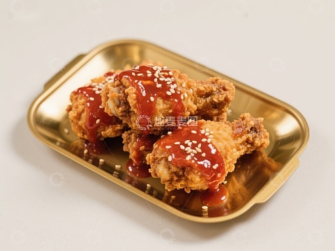 酱汁鸡翅配芝麻，金盘盛放