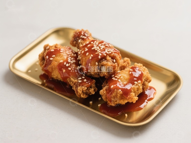 酱汁鸡翅，撒芝麻，金盘盛放