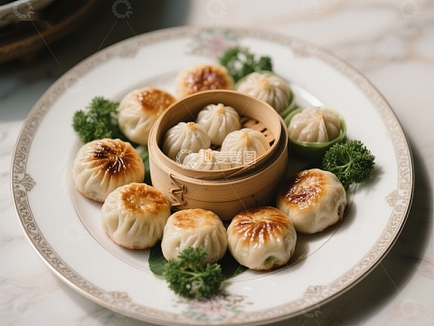 精美中式点心：小笼包与生煎包