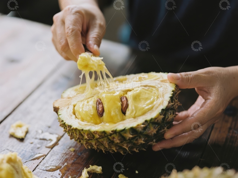 高清大图下载【趣麦麦图】手剥榴莲，享受美味瞬间