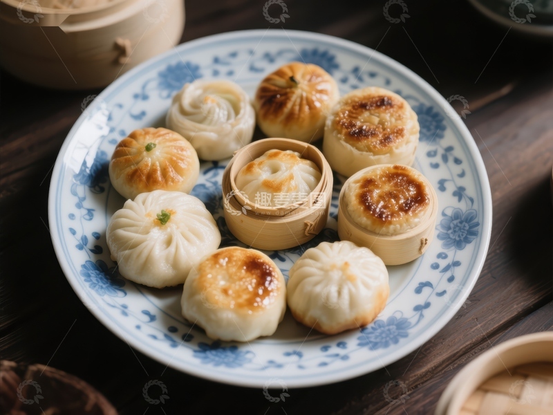 高清大图下载【趣麦麦图】精美中式点心盘，包子与烧卖