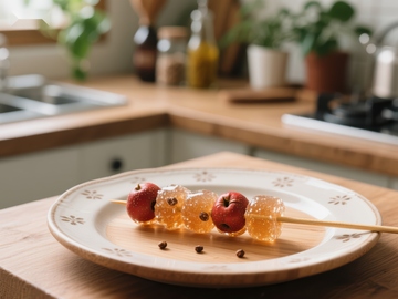 水果糖葫芦置于木质托盘