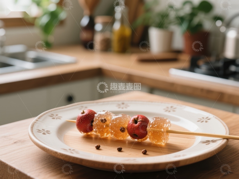 高清大图下载【趣麦麦图】水果糖葫芦置于木质托盘