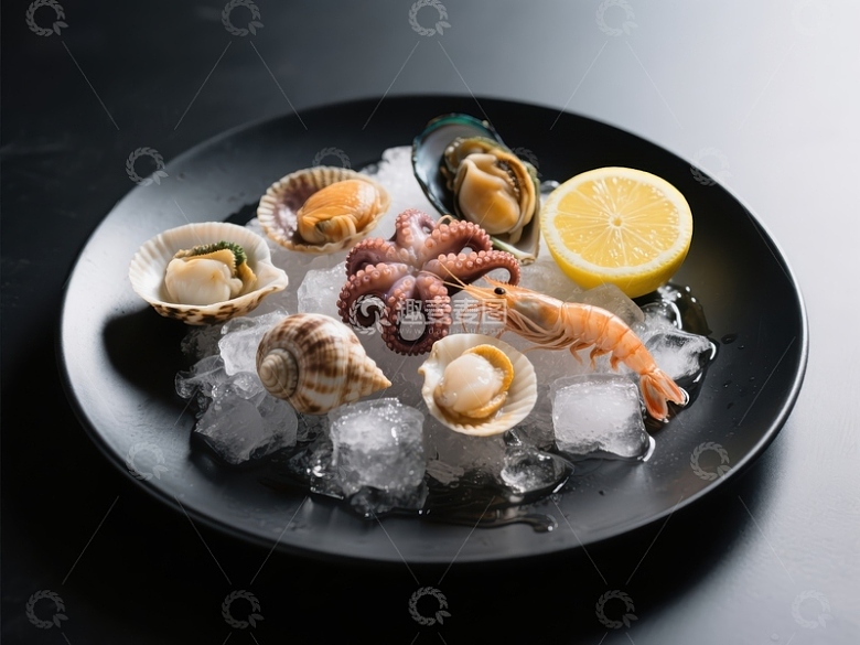 冰镇海鲜拼盘，搭配柠檬