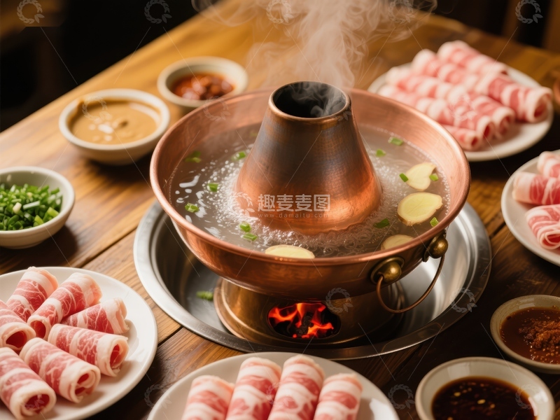 高清大图下载【趣麦麦图】热气腾腾的火锅与新鲜食材
