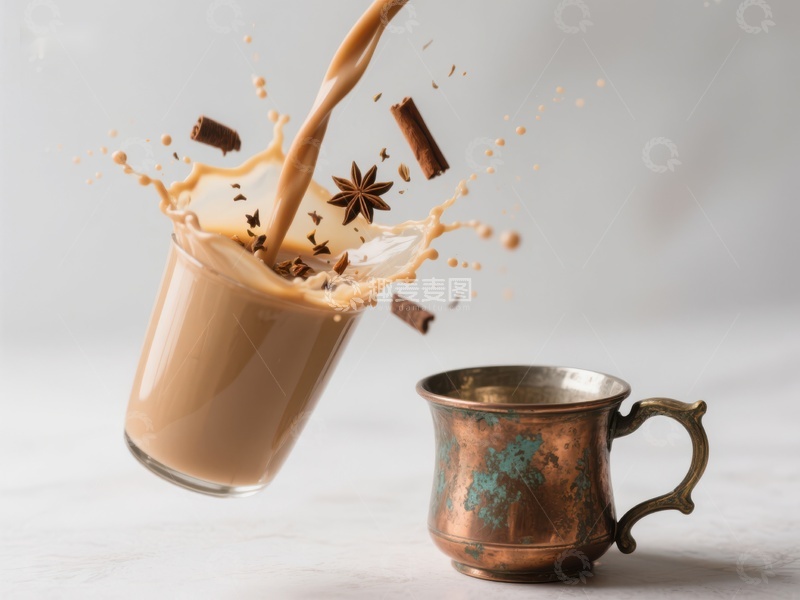 高清大图下载【趣麦麦图】热饮倾泻入杯，香料四溅