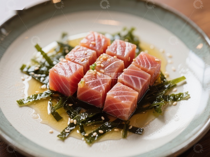 高清大图下载【趣麦麦图】精致生鱼片配海藻与芝麻油