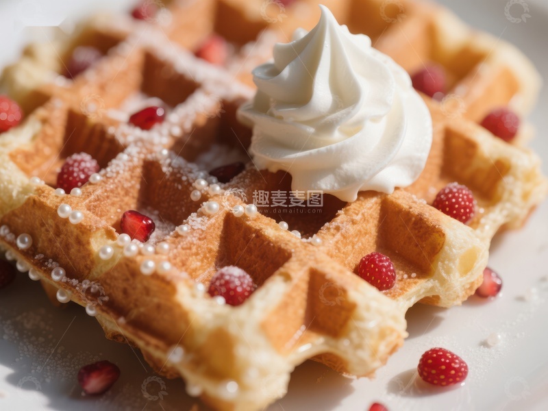 高清大图下载【趣麦麦图】奶油草莓点缀的金黄华夫饼