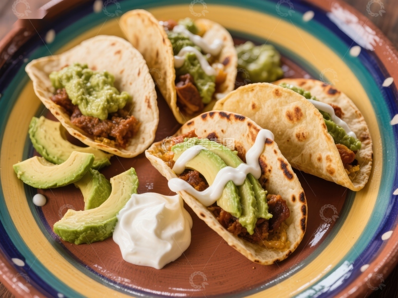 高清大图下载【趣麦麦图】美味墨西哥玉米饼配鳄梨酱和酸奶油