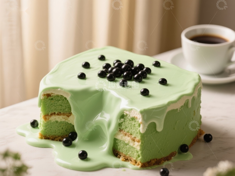 高清大图下载【趣麦麦图】抹茶蛋糕配黑珍珠，咖啡相伴