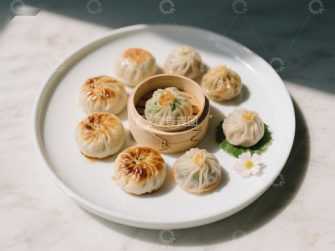精美中式点心：小笼包与蒸饺