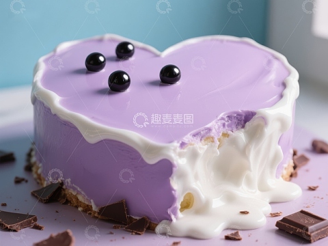 紫色心形蛋糕，点缀蓝莓与巧克力