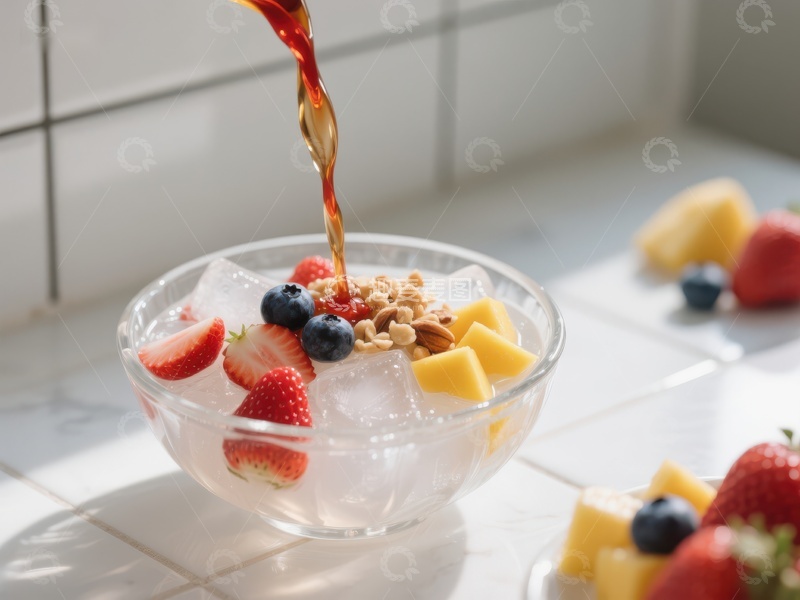 高清大图下载【趣麦麦图】水果麦片碗中倒入酱料