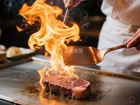 火焰炙烤牛肉，厨师精心烹饪