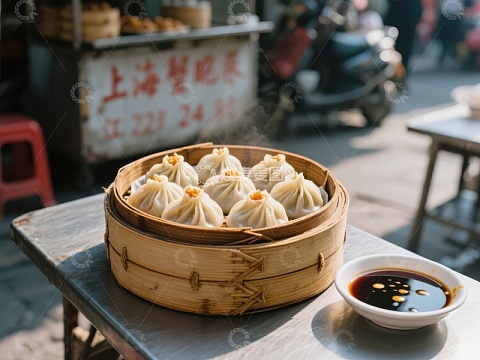 热腾腾的小笼包与蘸料