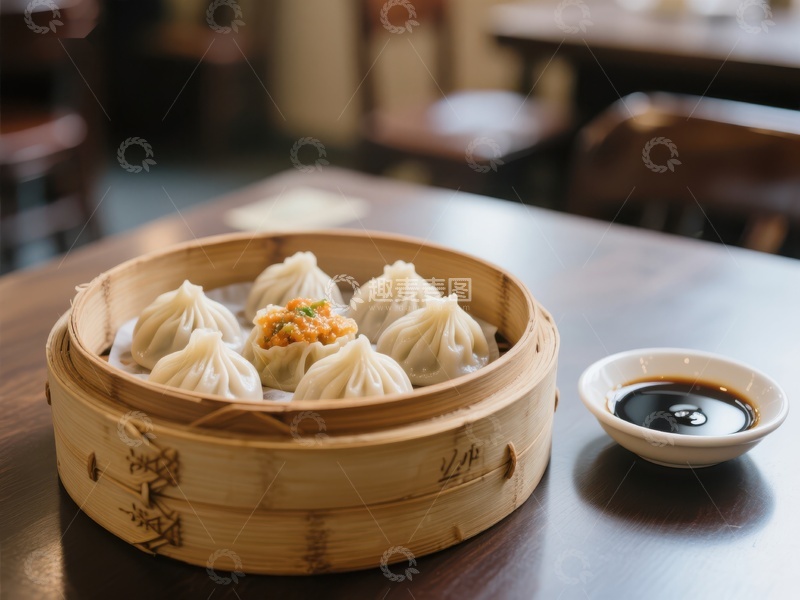 高清大图下载【趣麦麦图】竹笼蒸饺配酱油碟