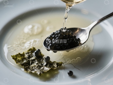 精致鱼子酱与液体搭配的美食特写