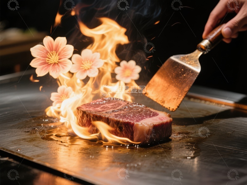 高清大图下载【趣麦麦图】火焰炙烤牛肉，铁板上的美食艺术