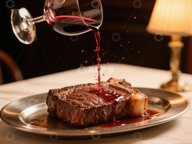 高清大图下载【趣麦麦图】红酒浇灌牛排，精致美食瞬间