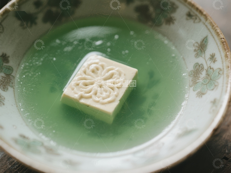 高清大图下载【趣麦麦图】青色汤汁中的方形糕点