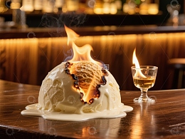 火焰冰淇淋球与酒杯