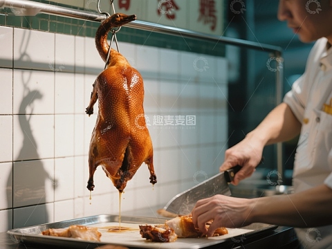 厨师切割悬挂的烤鸭