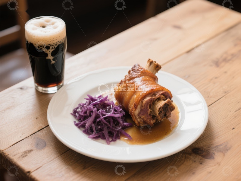高清大图下载【趣麦麦图】烤猪肘配紫甘蓝与黑啤