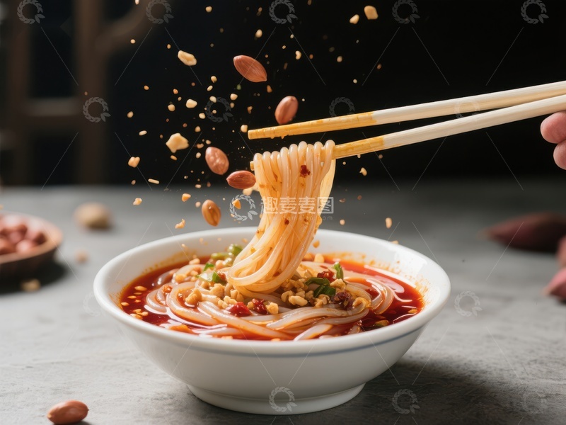 高清大图下载【趣麦麦图】筷子夹起热辣面条，花生碎四溅