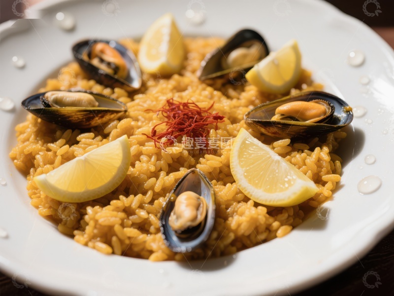 高清大图下载【趣麦麦图】海鲜饭配柠檬与贻贝