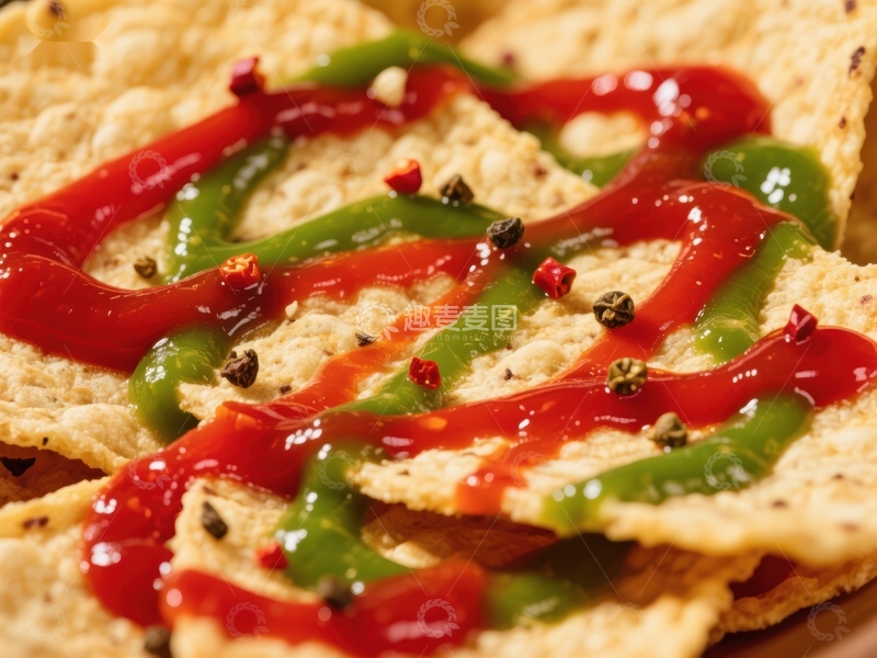 高清大图下载【趣麦麦图】-辣椒酱与青椒点缀的脆片特写