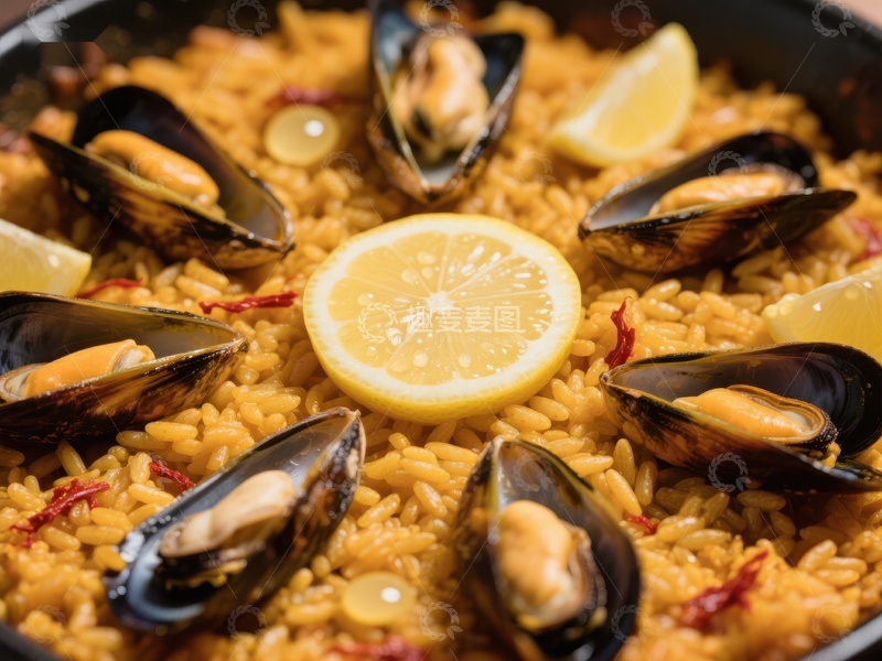 高清大图下载【趣麦麦图】海鲜饭配柠檬与贻贝