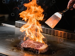 火焰炙烤牛肉，铁板烧制瞬间
