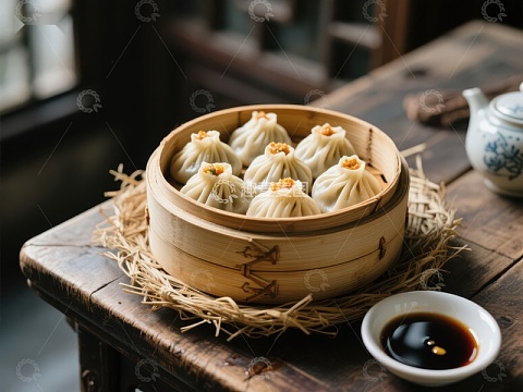 竹蒸笼中的美味小笼包