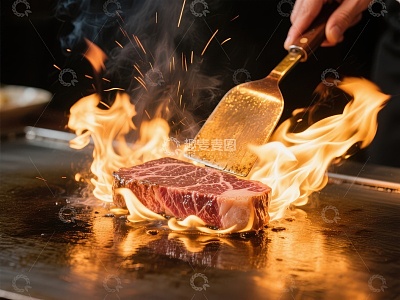 火焰中的牛排：铁板烧制瞬间