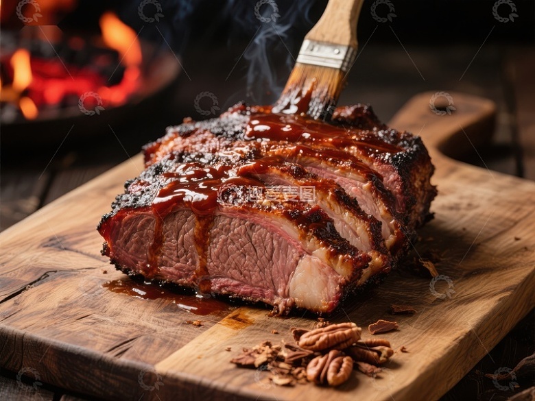 烟熏烤肉，刷上酱汁，散发诱人香气