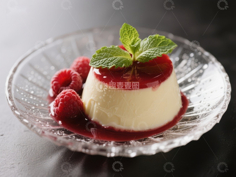 高清大图下载【趣麦麦图】奶油布丁配覆盆子酱和薄荷叶