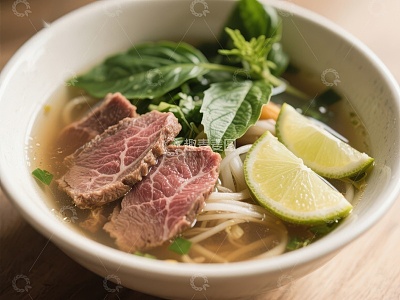 越南牛肉河粉，配以青柠和香草