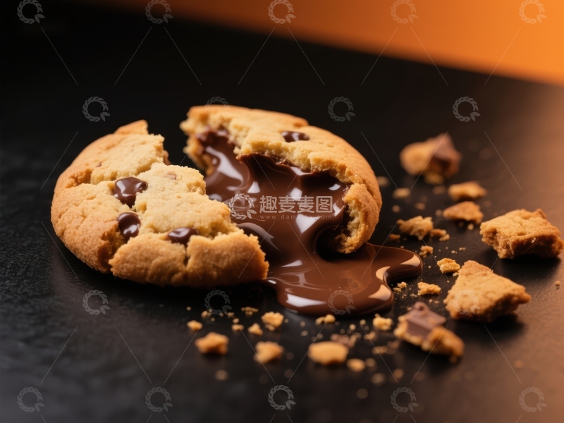 高清大图下载【趣麦麦图】巧克力夹心饼干破裂，融化巧克力流出