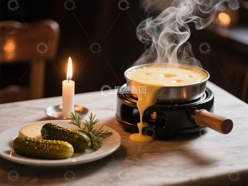 高清大图下载【趣麦麦图】热气腾腾的奶酪火锅与配菜