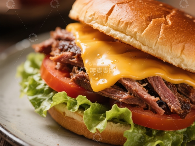 高清大图下载【趣麦麦图】美味牛肉芝士三明治特写