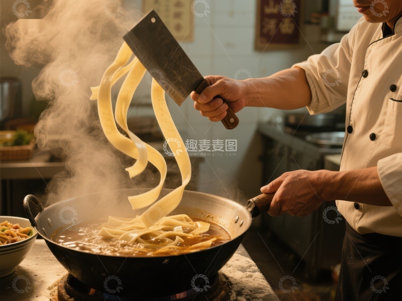 高清大图下载【趣麦麦图】厨师挥刀切面，热气腾腾的烹饪瞬间