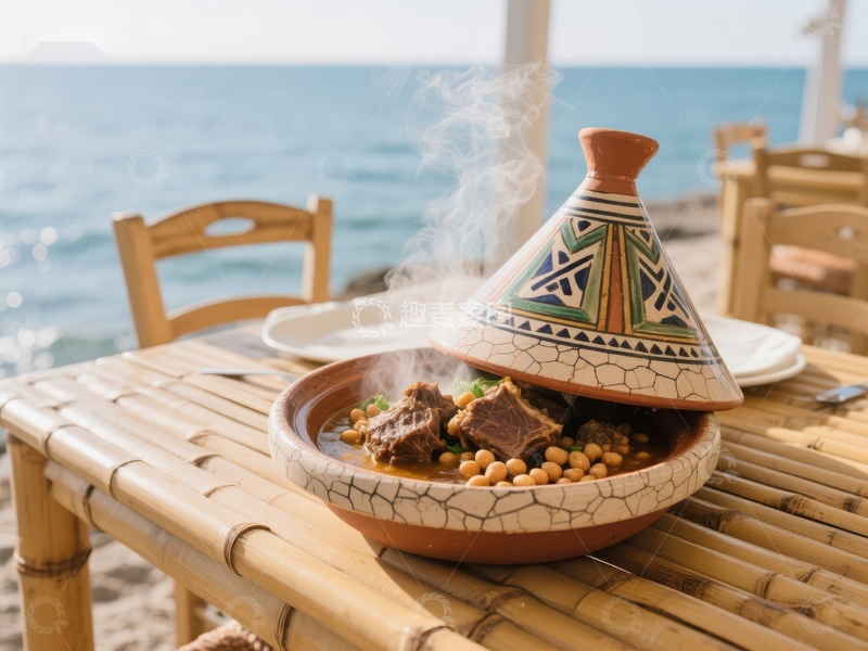 高清大图下载【趣麦麦图】海边餐桌上的热气腾腾塔吉锅