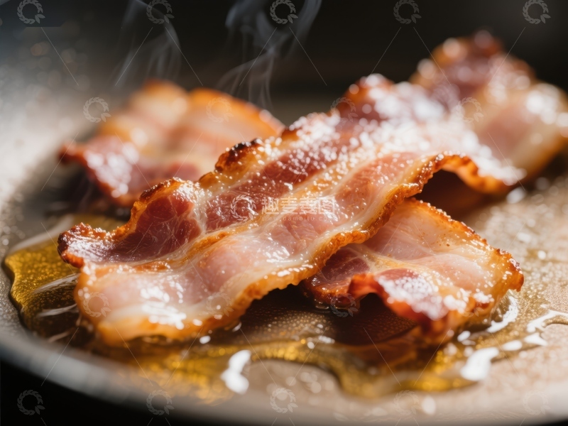 高清大图下载【趣麦麦图】煎锅中的培根，热气腾腾